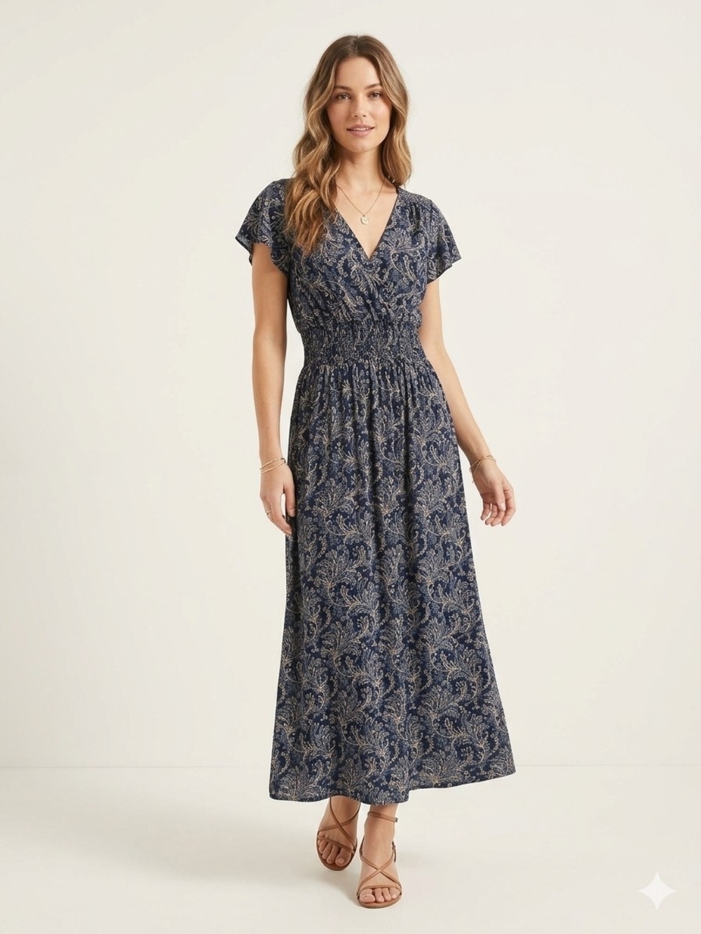 Navy Floral Wrap Maxi Dress with Smocked Waist
